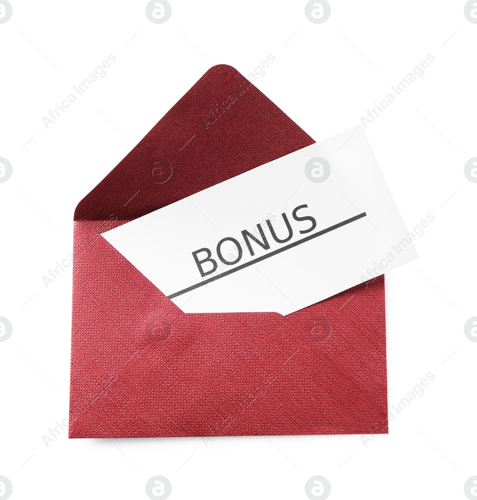 Envelope with word Bonus isolated on white, top view Photo of Envelope with word Bonus isolated on white, top view