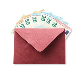 Photo of Money bonus. Envelope with euro banknotes isolated on white, top view