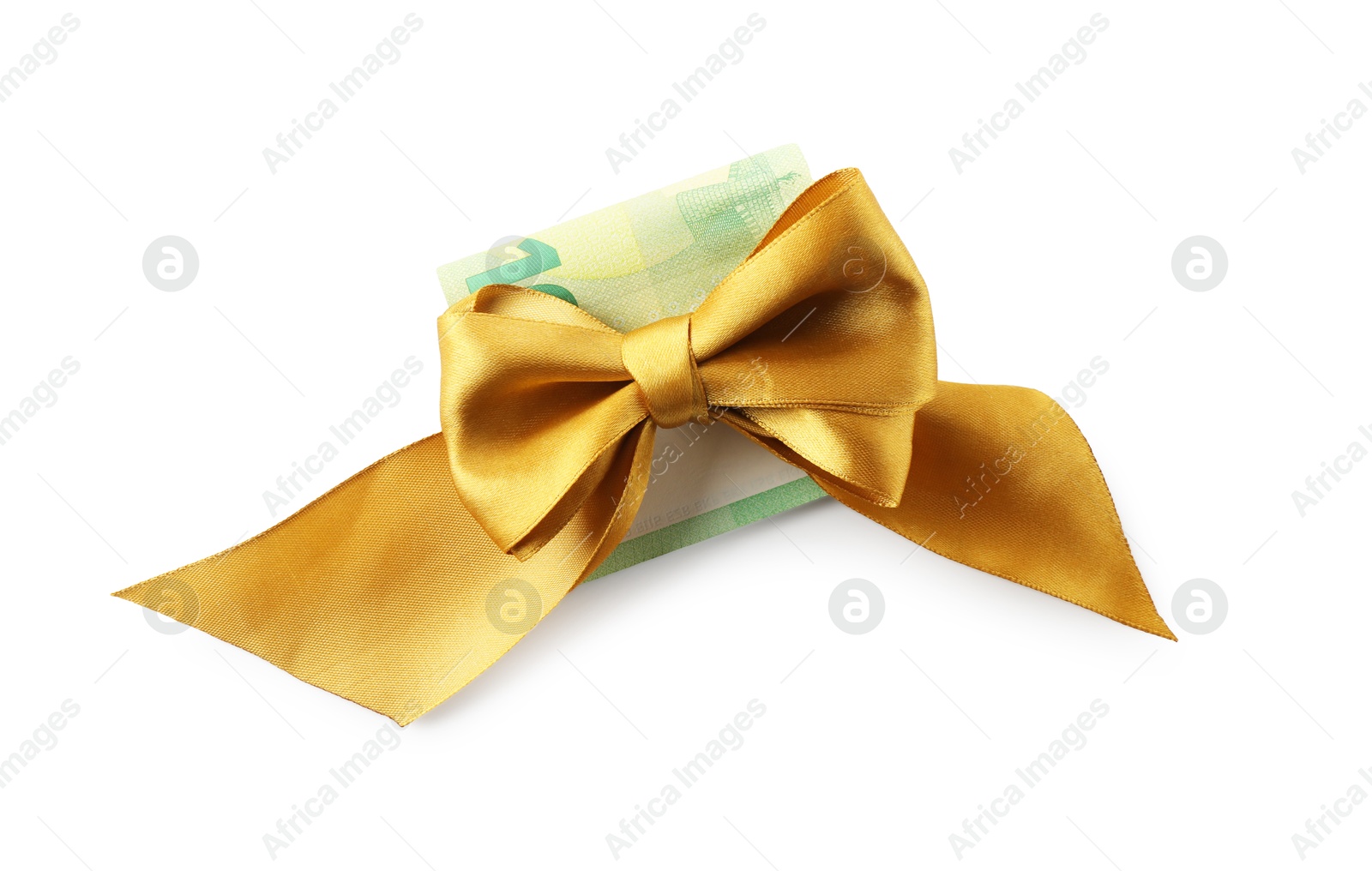 Photo of Money bonus. Euro banknotes with bow isolated on white, top view
