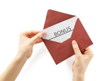 Photo of Woman holding envelope with word Bonus on white background, closeup