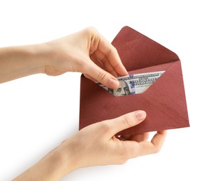 Photo of Money bonus. Woman holding envelope with dollar banknotes on white background, closeup