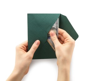 Photo of Money bonus. Woman holding envelope with dollar banknotes on white background, closeup