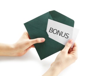 Photo of Woman holding envelope with word Bonus on white background, closeup