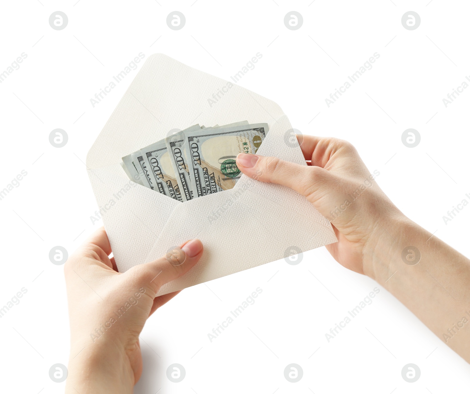 Money bonus. Woman holding envelope with dollar banknotes on white background, closeup Photo of Money bonus. Woman holding envelope with dollar banknotes on white background, closeup