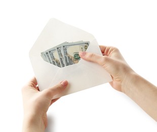 Photo of Money bonus. Woman holding envelope with dollar banknotes on white background, closeup