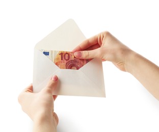 Photo of Money bonus. Woman holding envelope with euro banknotes on white background, closeup