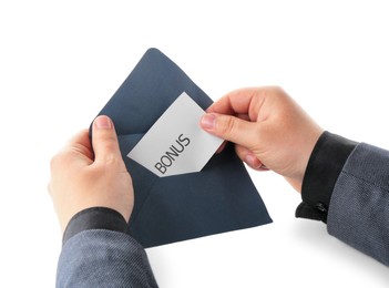 Photo of Man holding envelope with word Bonus on white background, closeup
