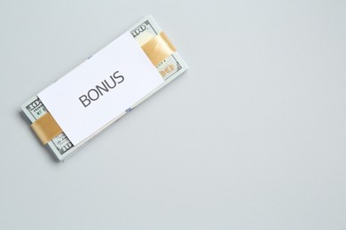 Photo of Dollar banknotes and card with word Bonus on light grey background, top view. Space for text