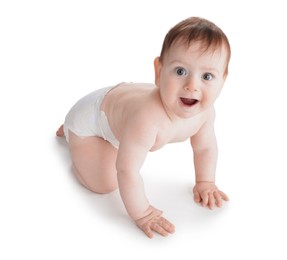 Photo of Cute little baby crawling on white background
