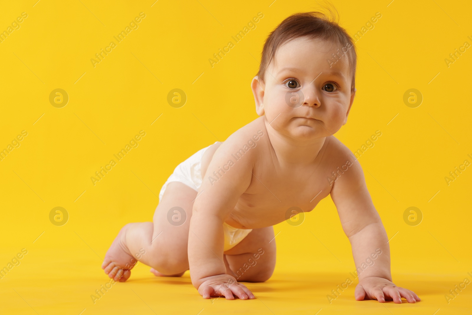 Cute little baby crawling on yellow background Photo of Cute little baby crawling on yellow background