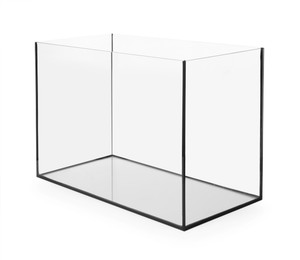 Photo of One empty glass aquarium isolated on white