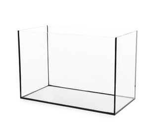 Photo of One empty glass aquarium isolated on white
