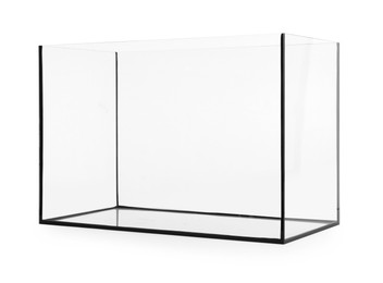 Photo of One empty glass aquarium isolated on white