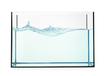 Photo of Glass aquarium with splashing water isolated on white