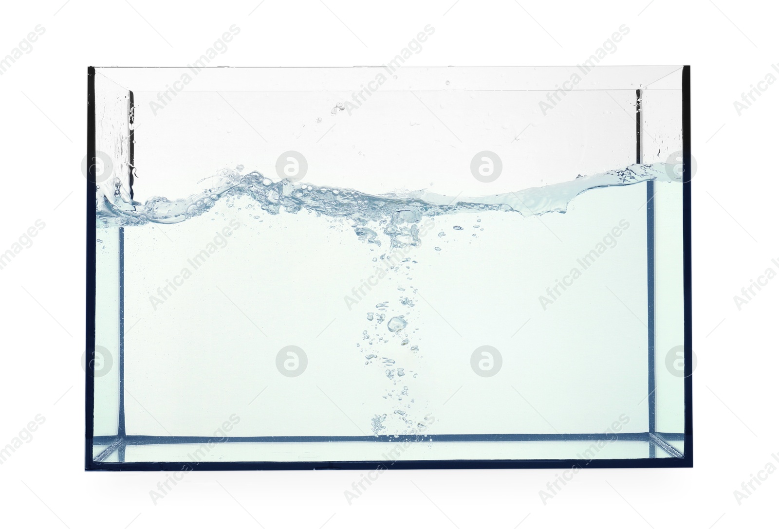 Photo of Glass aquarium with splashing water isolated on white