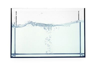 Photo of Glass aquarium with splashing water isolated on white