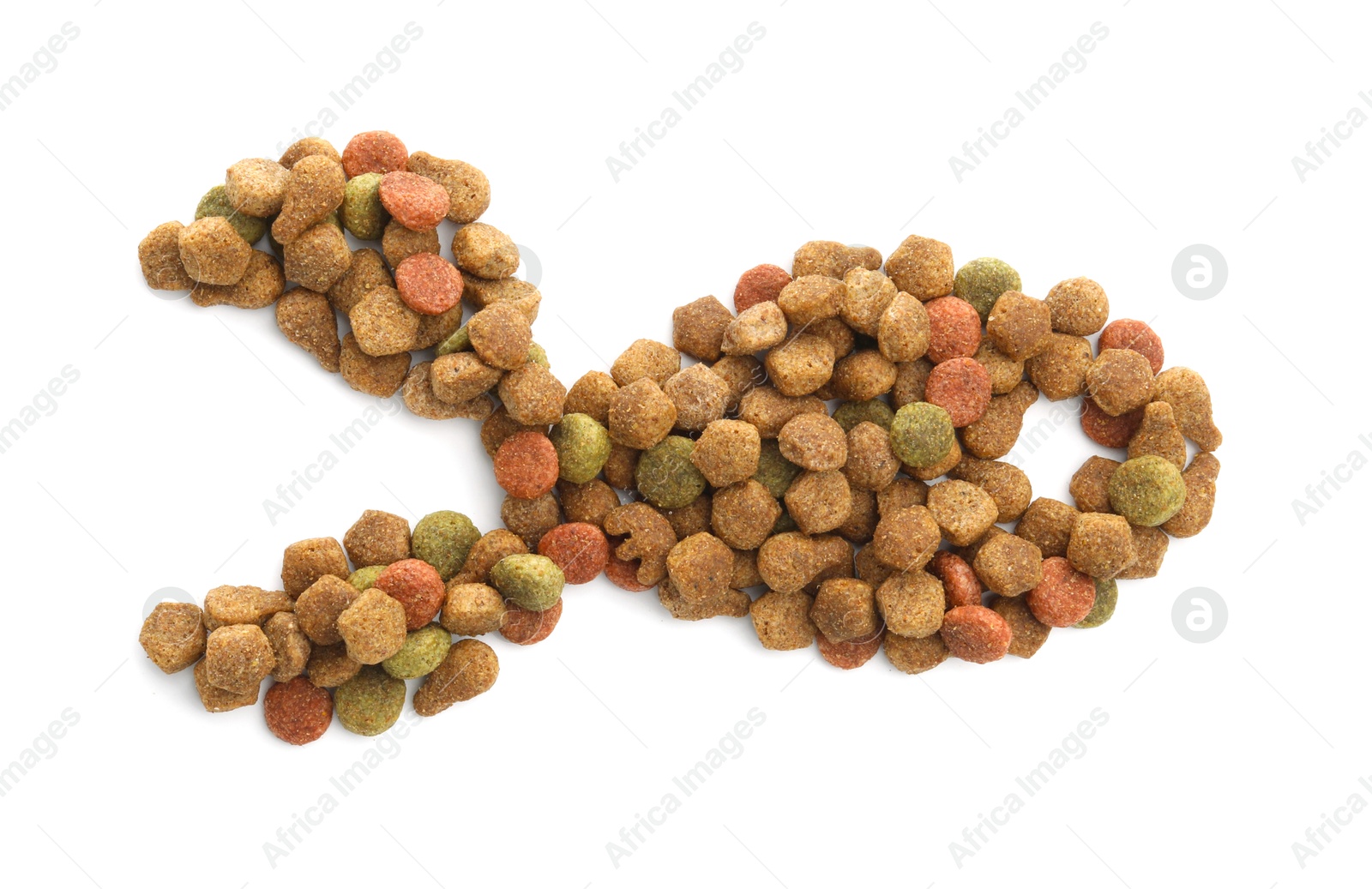 Fish shape made of dry pet food isolated on white, top view Photo of Fish shape made of dry pet food isolated on white, top view