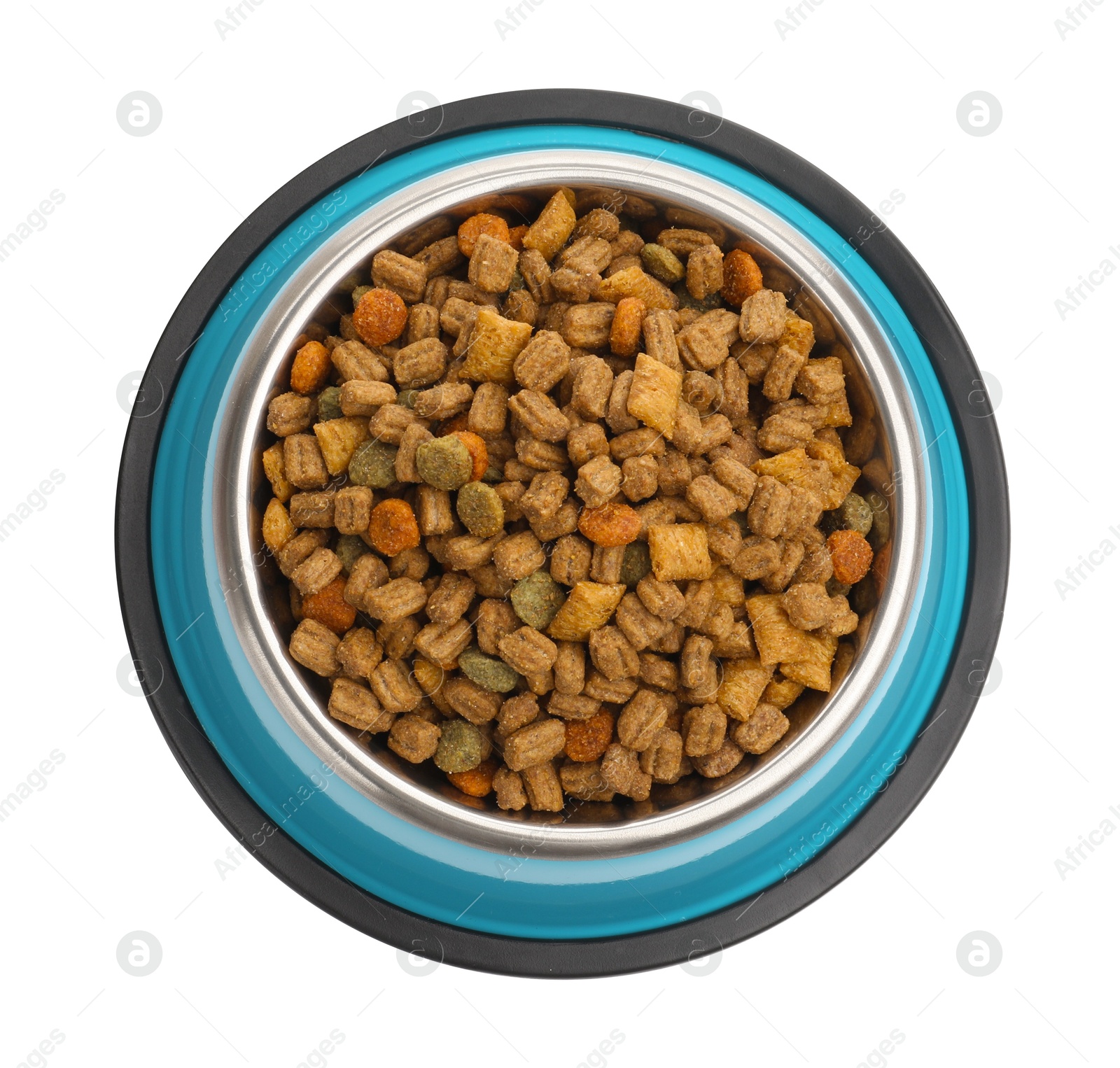 Dry pet food in feeding bowl isolated on white, top view Photo of Dry pet food in feeding bowl isolated on white, top view
