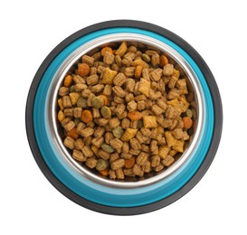 Photo of Dry pet food in feeding bowl isolated on white, top view