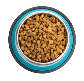 Photo of Dry pet food in feeding bowl isolated on white, top view