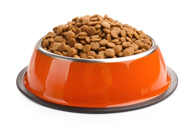 Photo of Dry pet food in feeding bowl isolated on white