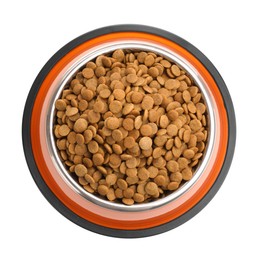 Photo of Dry pet food in feeding bowl isolated on white, top view