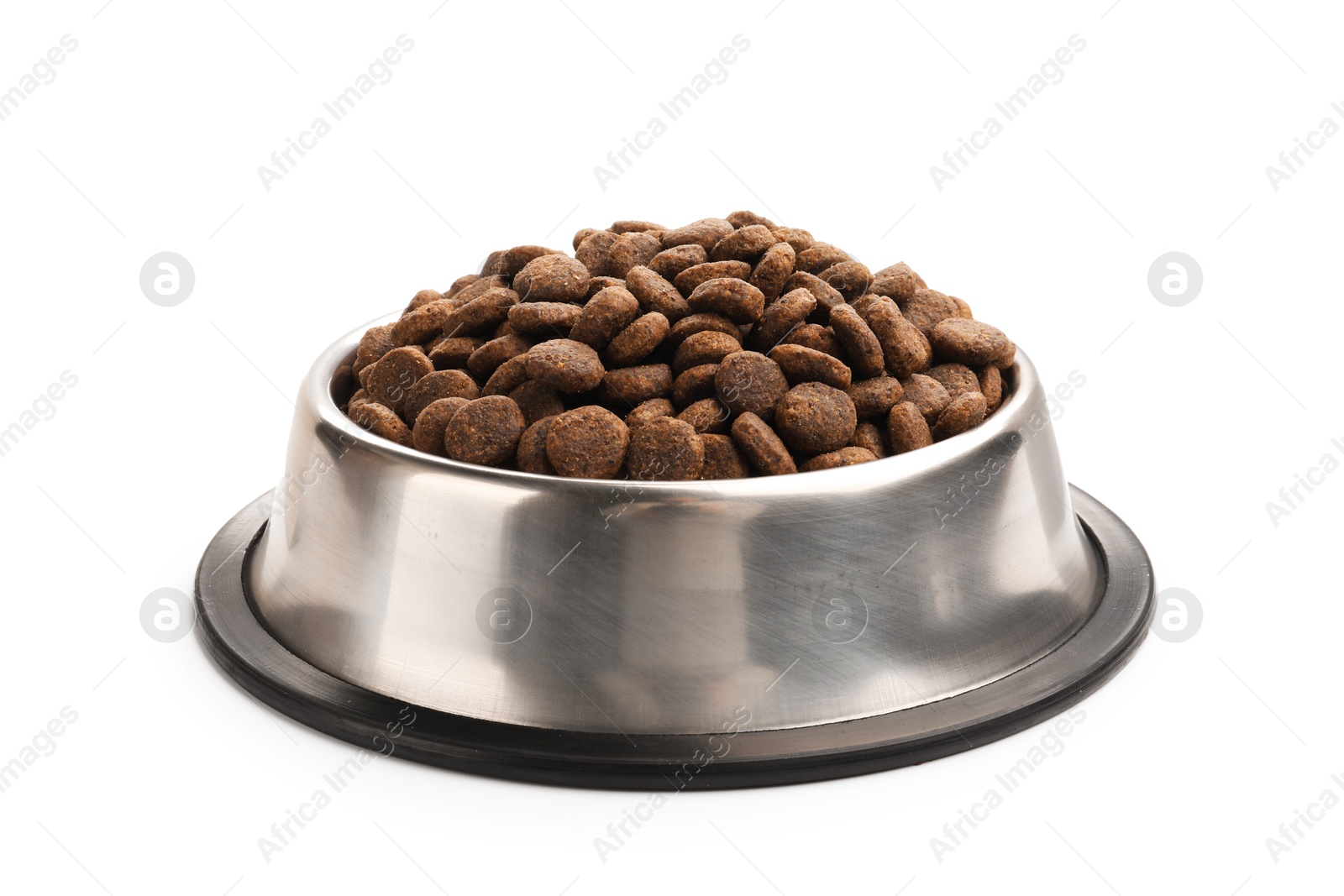 Dry pet food in feeding bowl isolated on white Photo of Dry pet food in feeding bowl isolated on white