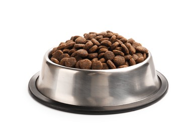 Photo of Dry pet food in feeding bowl isolated on white