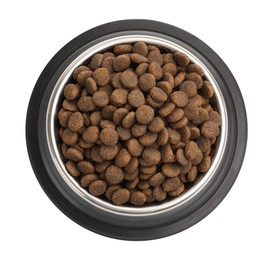Photo of Dry pet food in feeding bowl isolated on white, top view