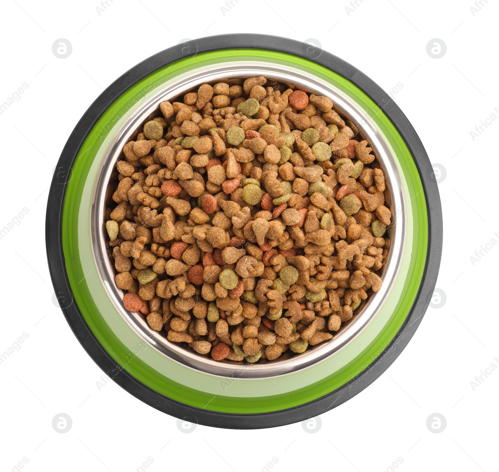 Dry pet food in feeding bowl isolated on white, top view Photo of Dry pet food in feeding bowl isolated on white, top view