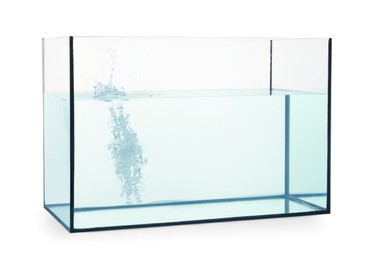 Photo of Glass aquarium with splashing water isolated on white