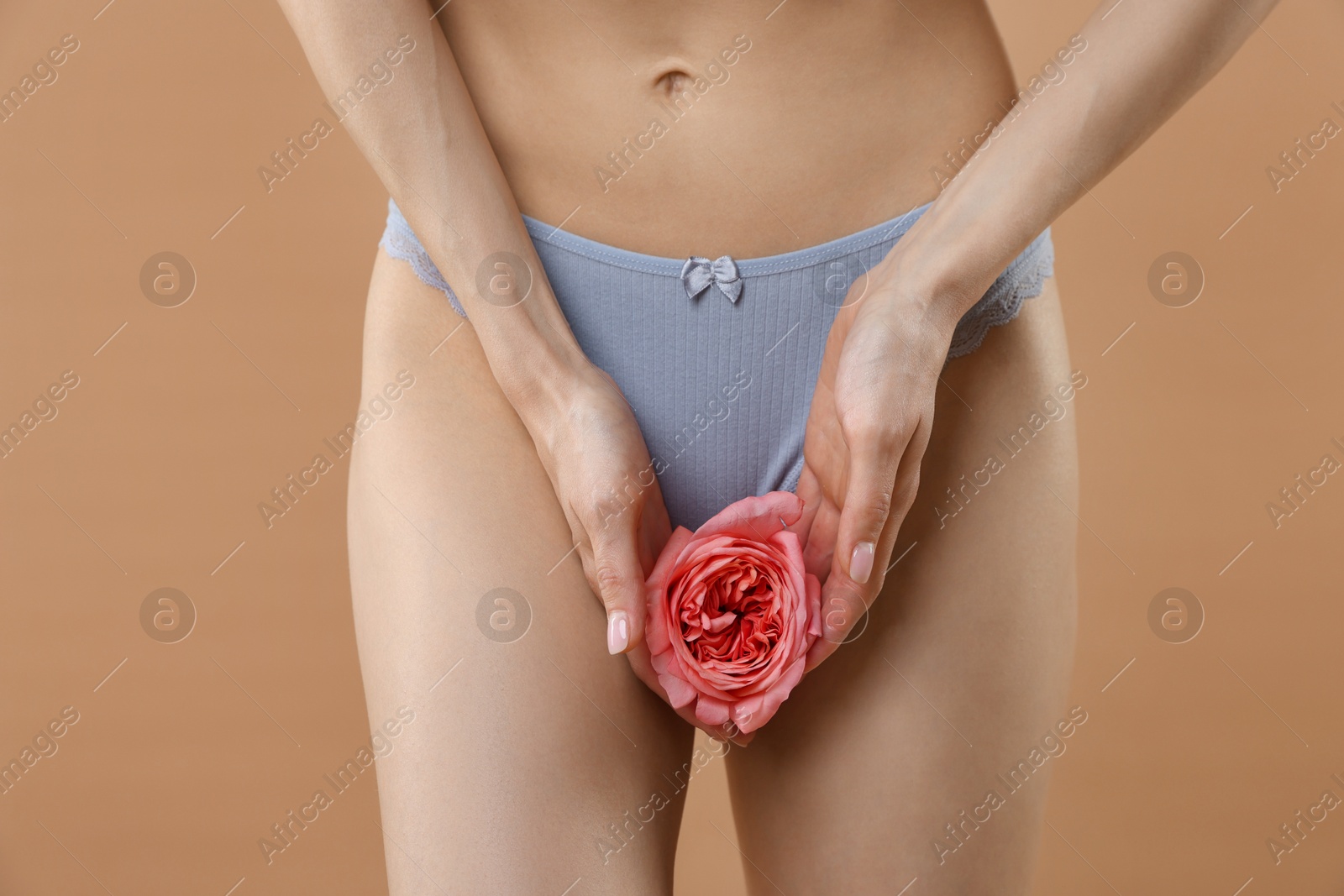 Woman with flower wearing beautiful underwear on dark beige background, closeup Photo of Woman with flower wearing beautiful underwear on dark beige background, closeup