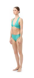 Photo of Woman wearing beautiful underwear on white background