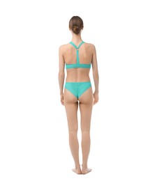 Photo of Woman wearing beautiful underwear on white background, back view