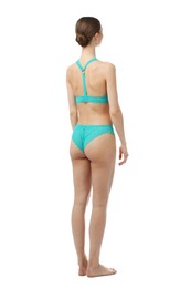Photo of Woman wearing beautiful underwear on white background