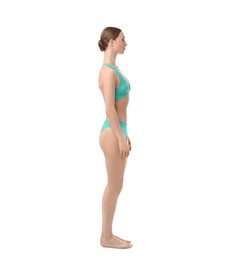 Photo of Woman wearing beautiful underwear on white background