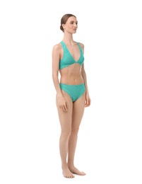 Photo of Woman wearing beautiful underwear on white background