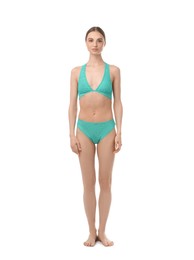Photo of Woman wearing beautiful underwear on white background