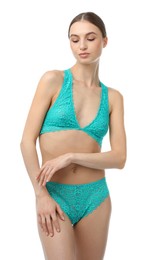 Photo of Woman wearing beautiful underwear on white background