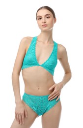 Photo of Woman wearing beautiful underwear on white background