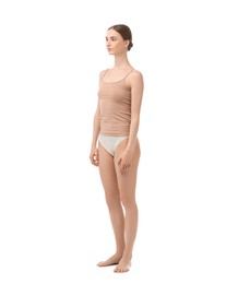 Photo of Woman wearing beautiful underwear on white background