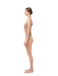 Photo of Woman wearing beautiful underwear on white background