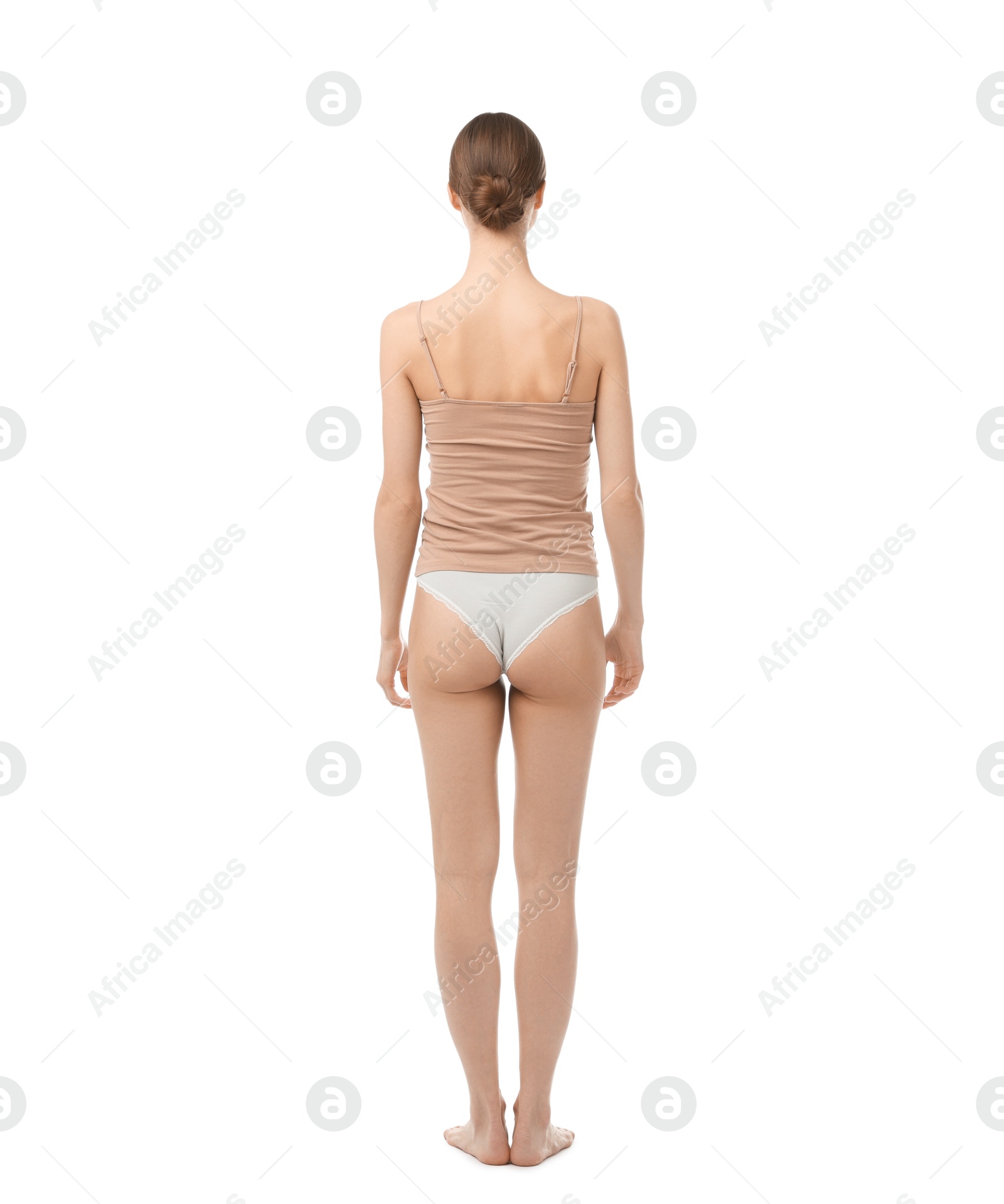 Woman wearing beautiful underwear on white background, back view Photo of Woman wearing beautiful underwear on white background, back view