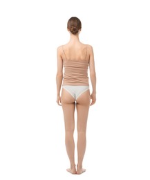 Photo of Woman wearing beautiful underwear on white background, back view