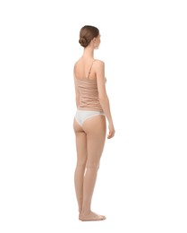 Photo of Woman wearing beautiful underwear on white background