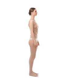Photo of Woman wearing beautiful underwear on white background