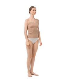 Photo of Woman wearing beautiful underwear on white background