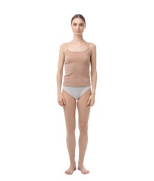 Photo of Woman wearing beautiful underwear on white background