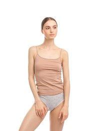 Photo of Woman wearing beautiful underwear on white background