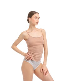 Photo of Woman wearing beautiful underwear on white background